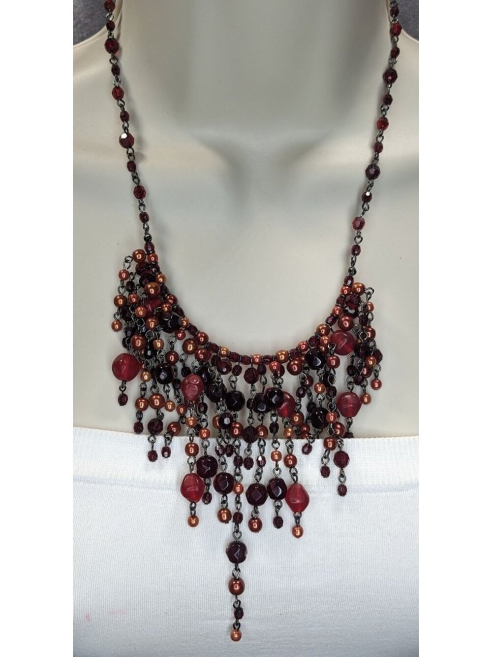 Gothic Vampire Glam Fringe Red Black Beaded Statement Necklace